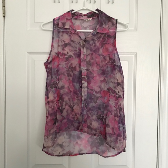 Y2K Aeropostale Floral High Low Button Up Tank Top Blouse M Sheer Sleeveless - Picture 1 of 3